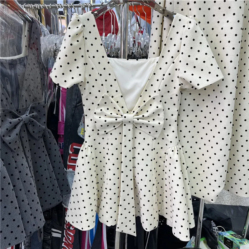 

Sweet Waist Cinching Short Sleeve V-Neck Backless Dress with Detachable Bow for Women Summer City Commute Birthday Party