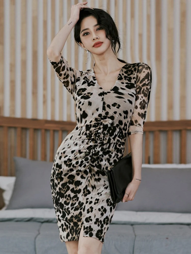 

new arrival comfortable fashion leopard formal dress work style fresh vintage elegant mini sexy v-neck party pencil dress