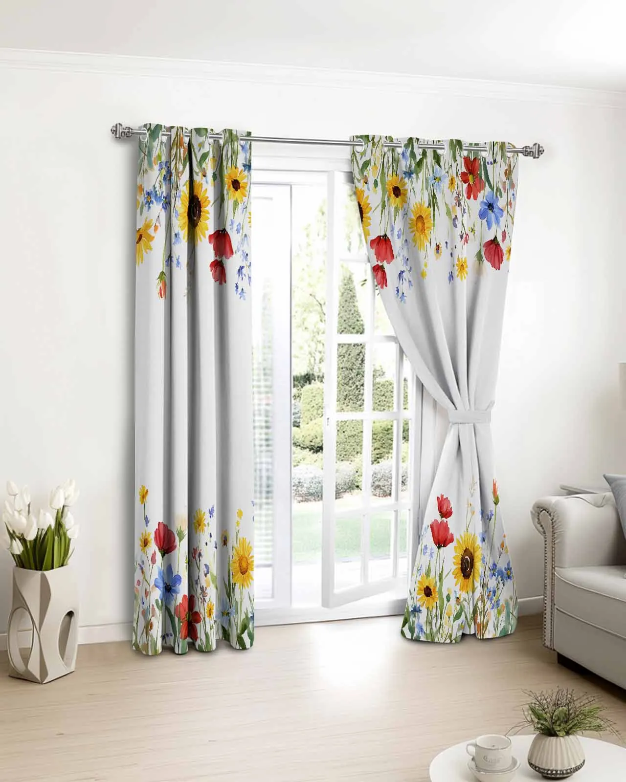 

Sunflower Red Blue Flower Window Curtains Living Room Kitchen Curtains for Bedroom Left and Right Biparting Open Curtains