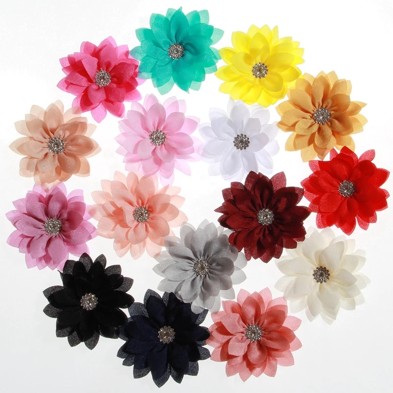 120PCS 8.5CM 3.4inch Newborn Lotus Leaf Flowers With Rhinestone For Headbands Artificial Fabric Flower For Hair Clips