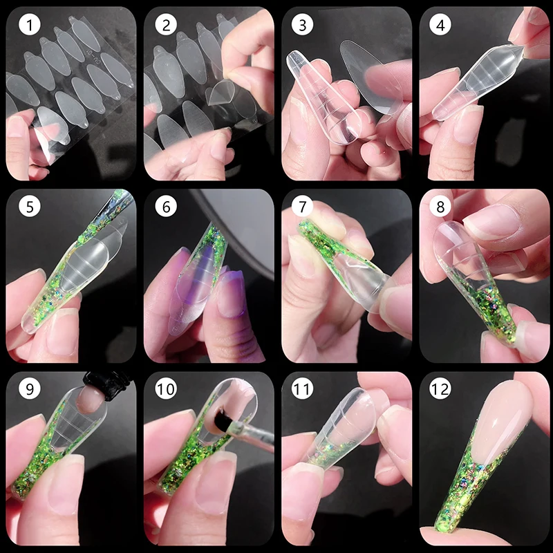 Juego de 24 piezas/hoja de doble pegatina de silicona para uñas postizas de doble Forma, molde para extensiones de uñas postizas