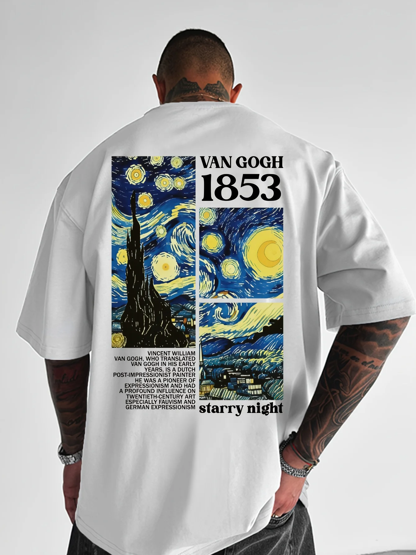 Camiseta holgada informal de moda de algodón puro 100% de verano para hombre, camiseta de manga corta con cuello redondo y pintura famosa de Van Gogh