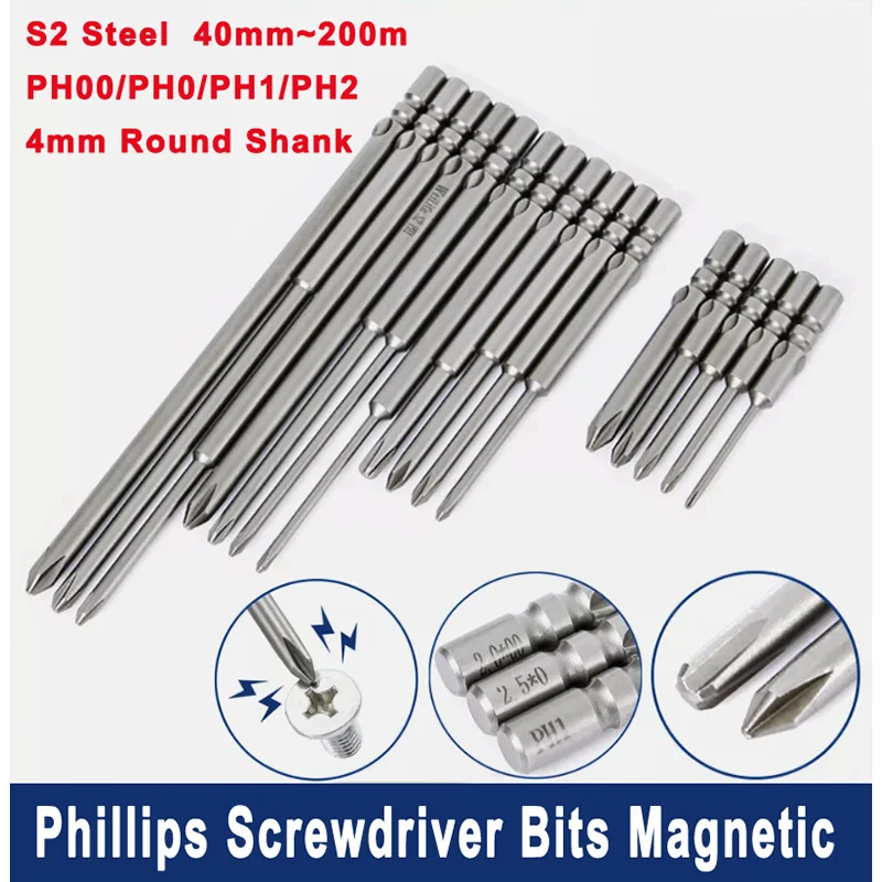 

PH00/PH0/PH1/PH2 Phillips Screwdriver Bits Magnetic 4mm Round Shank S2 Steel Power Drill Bit Length:40/60/80/100/120/150/200mm
