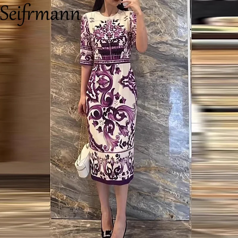 Seifrmann-vestido básico romántico de estilo de vacaciones para mujer, vestido de verano de media manga ajustado a la cadera, vestidos de seda estampados