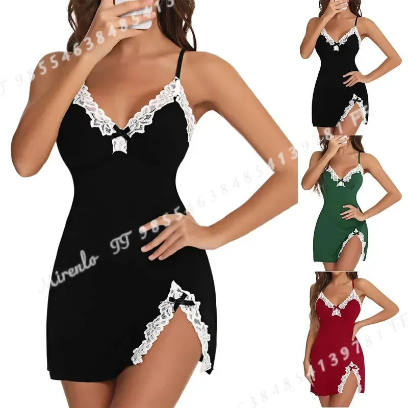 2026 New Sexy Women Lace Silk Satin V Neck Nightgown Split Hem Soft Lingerie Sleeveless Sleepwear Female Clothes