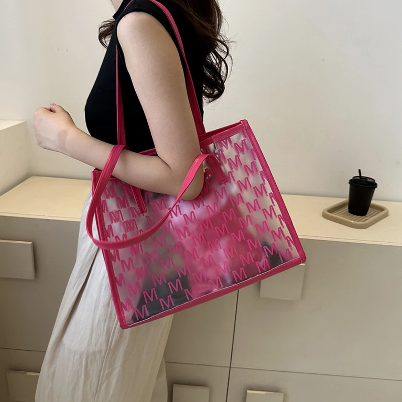 Large -Capacity New Fashion Solid Color Semi -Transparent Hand -Lifting Shoulder Bag