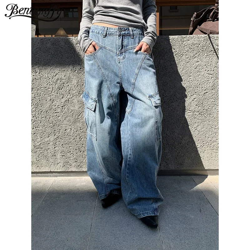 

Benuynffy Y2k High Street Wide Leg Jeans Women 2025 Autumn Winter New Multi-pocket Harajuku Casual Washed Cargo Denim Pants