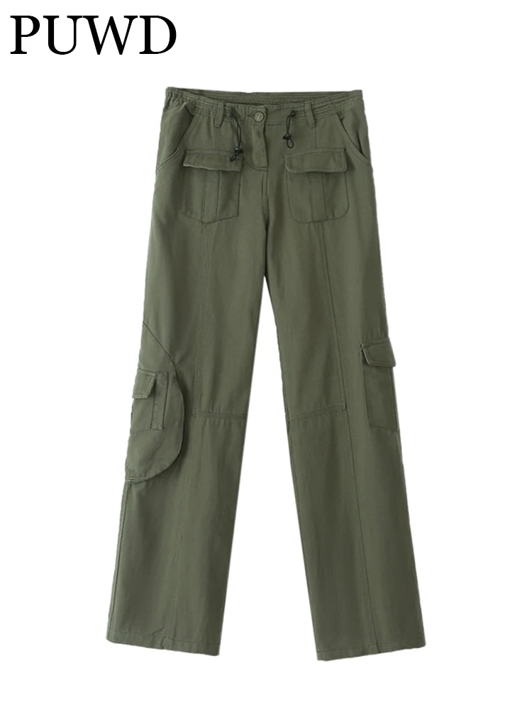 

PUWD Casual Women Green High Waist Straight Pants 2022 Summer Fashion Ladies Overall Female Pocket Polyester Pants