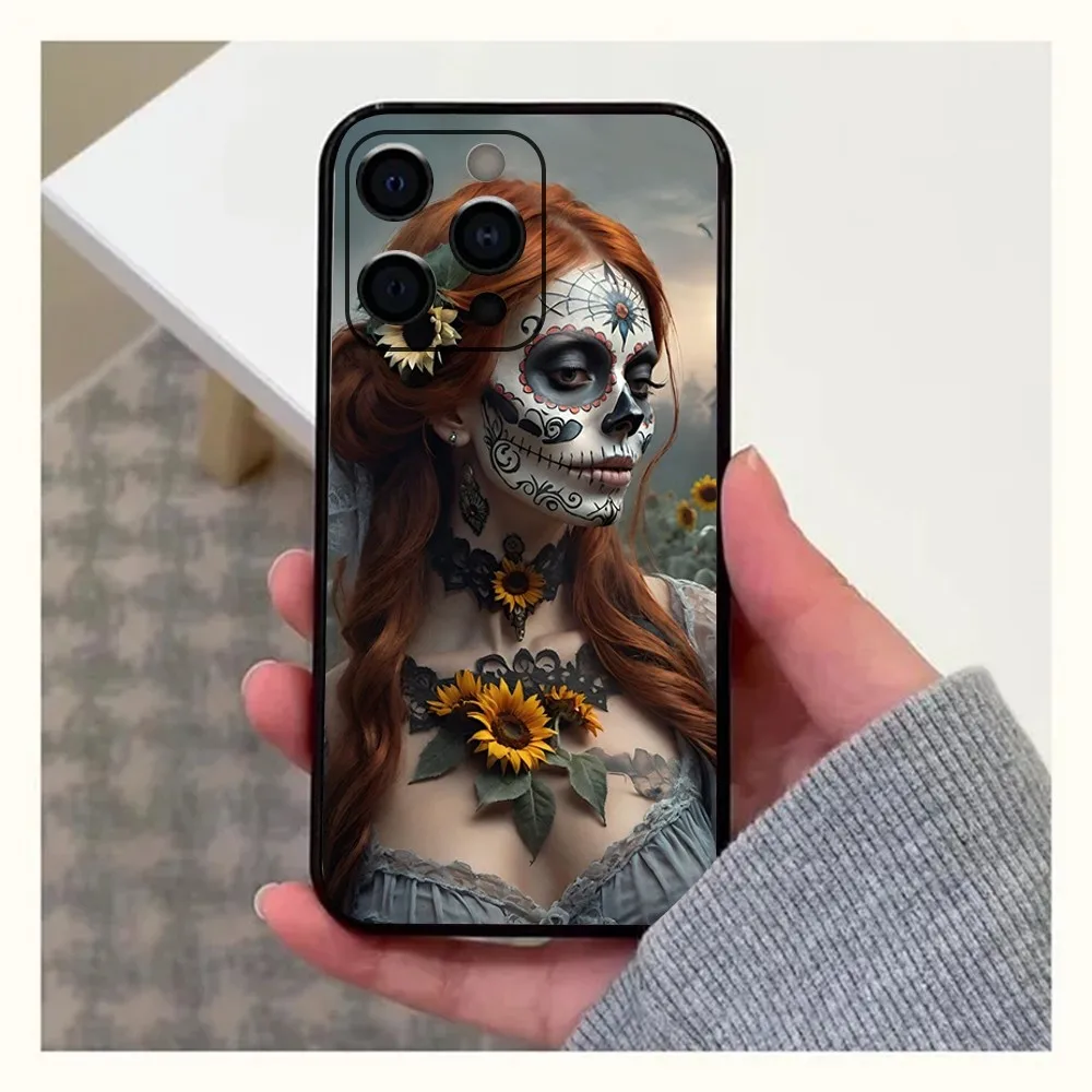 Mexican Catrina Skull Girl Phone Case For Apple iPhone 15,14,13,12,11,Pro,X,XS,Max,XR,Plus,Mini Soft Black Cover