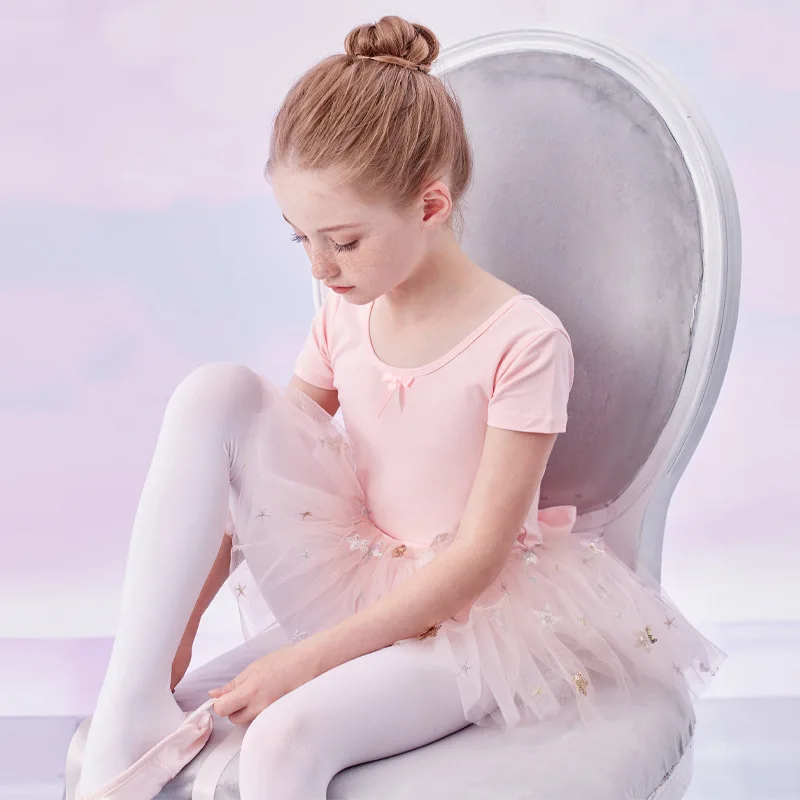 Girls Summer Short Sleeve Sequined Ballet Dance Leotard Skirt For Daily Training Dance Class Grading Test Stage Performance Wear