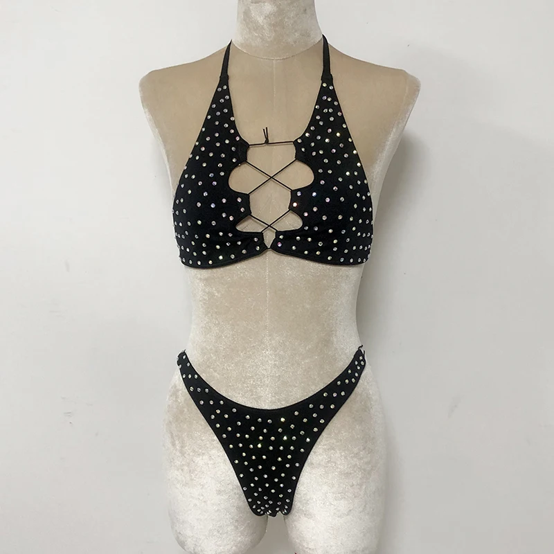 

Wholesale Two Pieces Nylon Custom Diamonds Exotic Flower Top Female Sexy Thong Stage Performance Dancewear Stripper Outfits