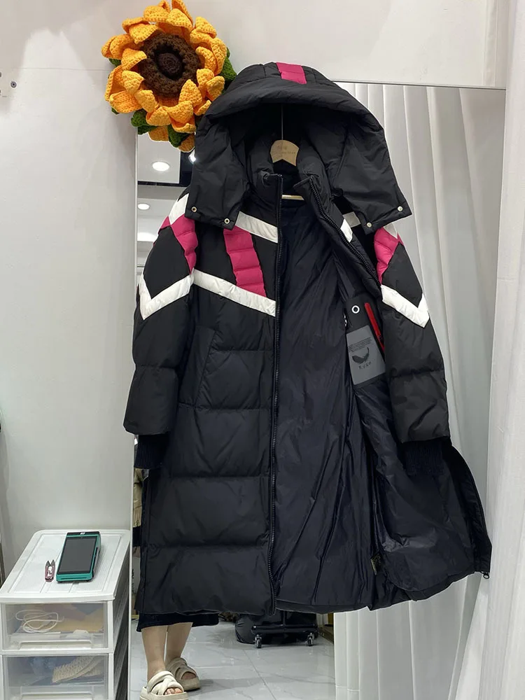 Down jacket winter women 2024 new fashionable color blocked knee length hooded white duck down jacket versatile and slim