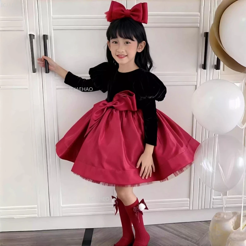 Girls Lolita Style Dress Children Bubble Sleeves Bow Tie Waist Puffy Formal Party Princess Gow Skirt Red Black Color Block Kids
