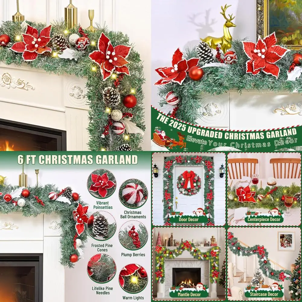 

6-футовая флокированная рождественская гирлянда с огнями, цветами пуансеттии, шишками и ягодами для праздничного декора