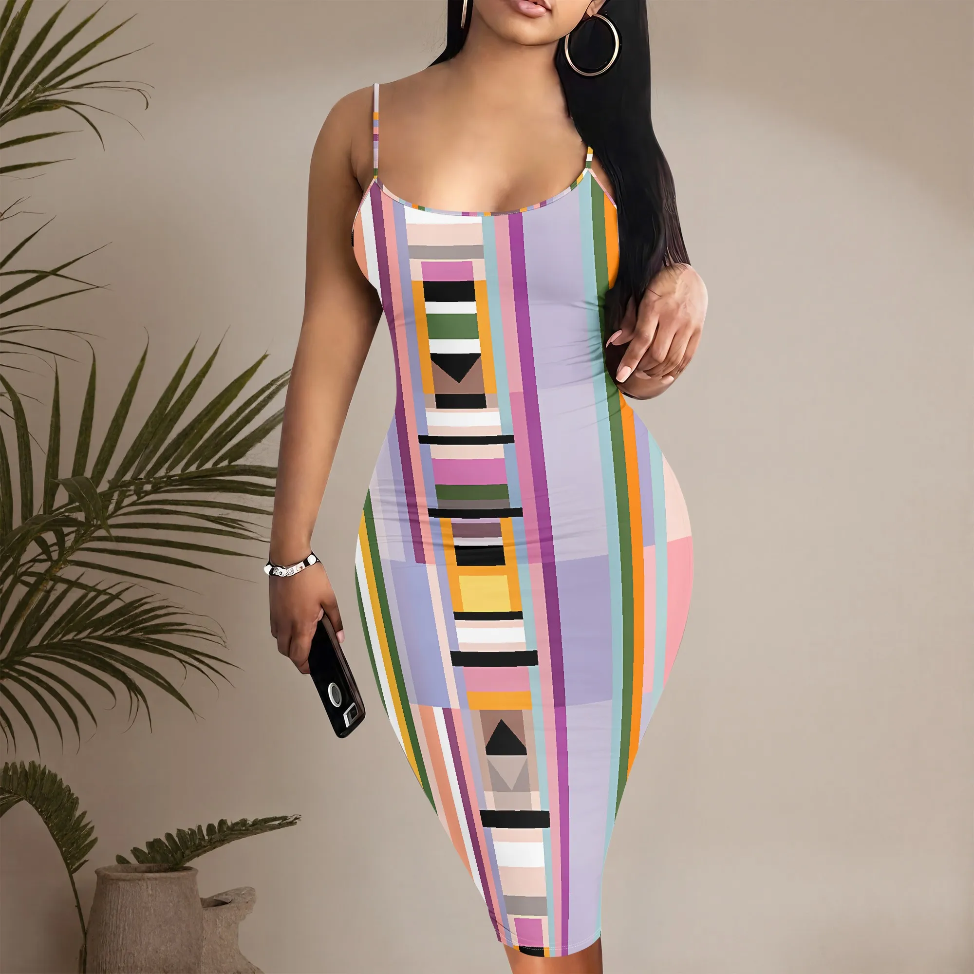 Colorful Geometric Print Spaghetti Strap Dress, Abstract Pattern Bodycon Mini Dress, Sleeveless Party Clubwear For Women, S-2XL
