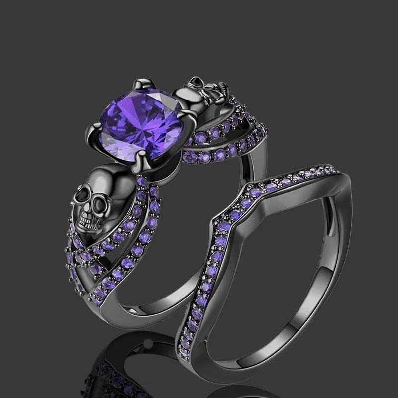 Gothic Skull Rings Red Purple Crystal Ring Cocktail Party Halloween Biker for Women Christmas Gifts