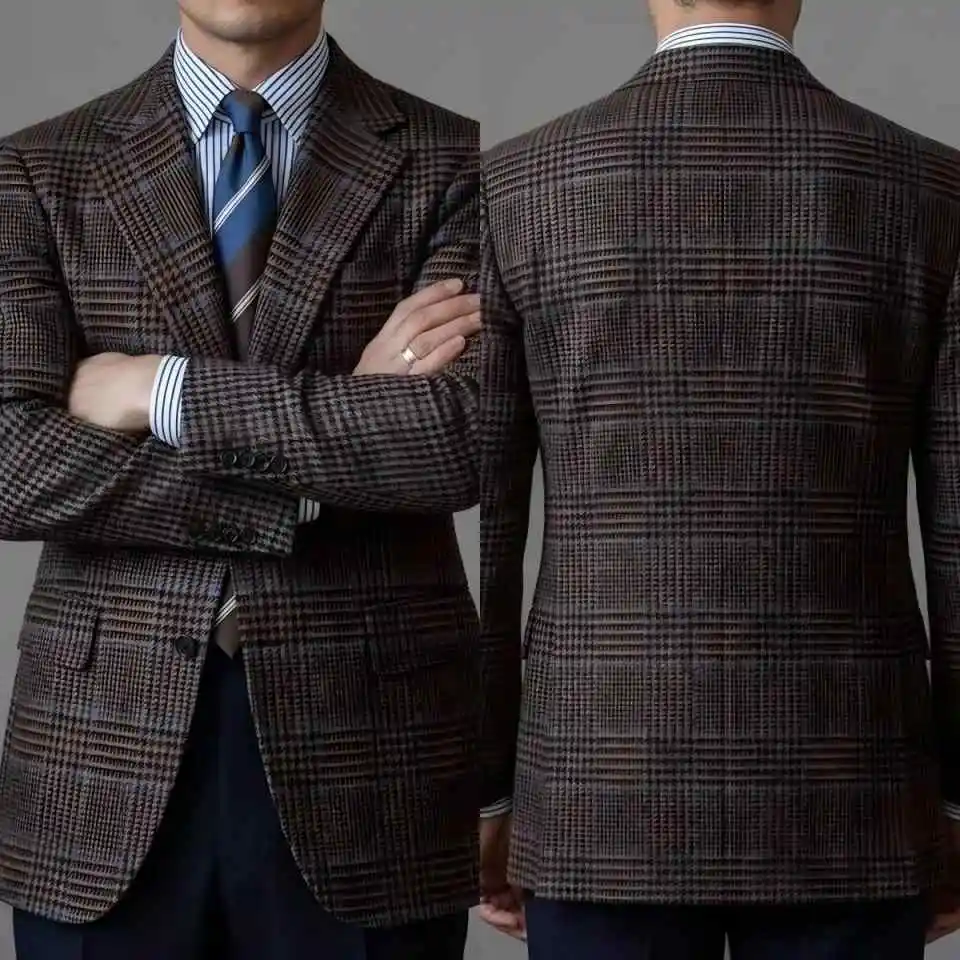 Vintage Men Blazer Jacket Brown Check Woven Peak Lapel Outerwear Slim Fit Attire For Corporate Event Daily Commute Customized