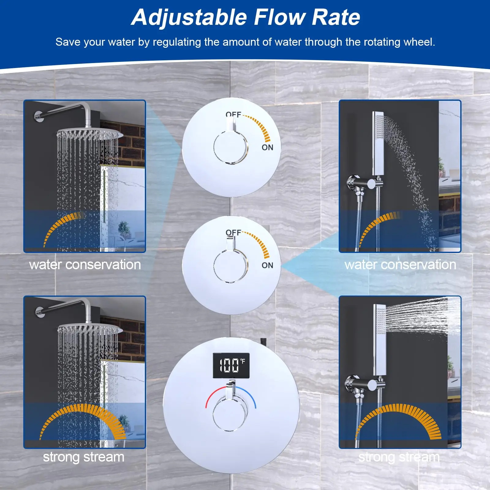 Chrome Shower Mixer Valve With Digital Temperature Display, 2 Way Flow Control Diverter Mixing Valve
