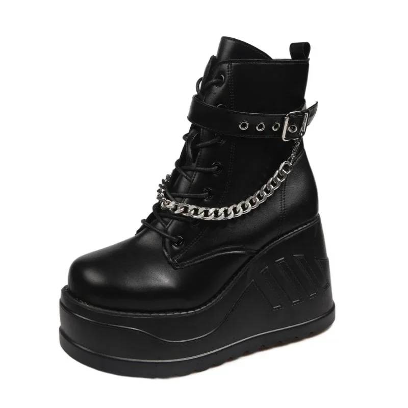 Side Zip Women Platform Shoes Black Gothic Buckle Pu Leather Woman Creeper Punk Boots Female Black High Heel Ankle Short Boots