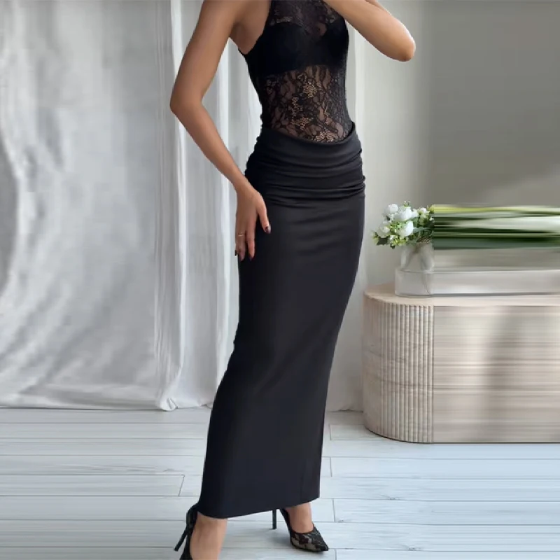 レースパッチワークホルタードレス レディース ノースリーブ セミシースルー ロングスカート シック スリム パーティードレス 2025年新作 エレガント レディースドレス