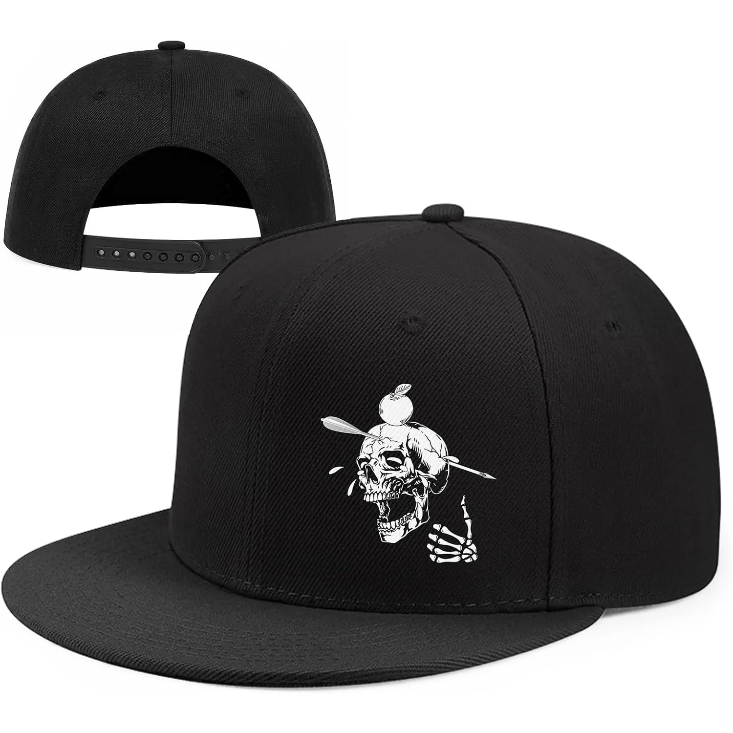 Arrowed Skull Hats Flat Bill Snap Back Hats for Men Flat Brim Black Baseball Cap Skull Finger Snapback Hat