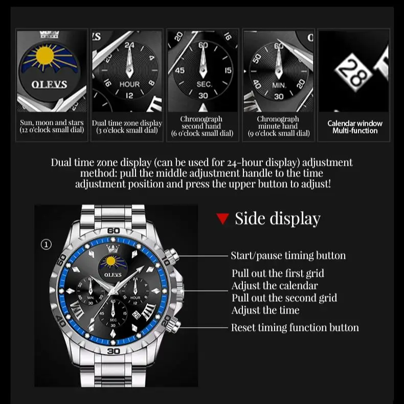 OLEVS Luxury Brand 2949 Men Watch Leather strap Multifunction Chronograph Calendar Moon Phase Quartz Watch for Man