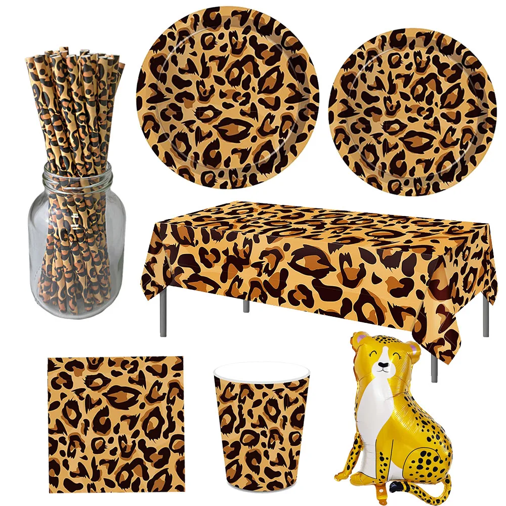 Leopard Print Disposable Tableware Plate Cup Napkin Tablecloth Straw Balloon Cheetah Print Jungle Animal Theme Party Decor