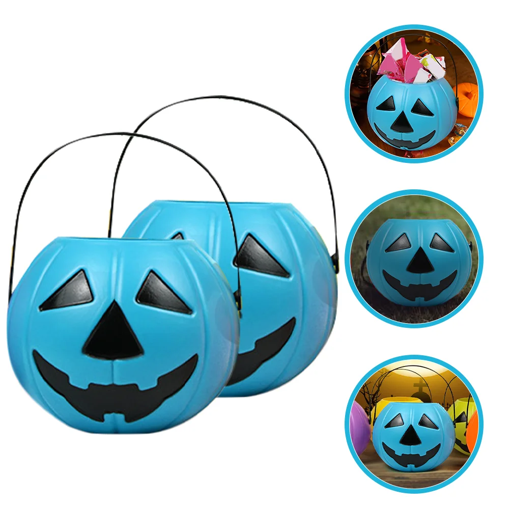 2 Pcs Bulk Candy Trick-Or-Treat Bucket Box Plastic Pumpkin Buckets with Handles Halloween Holder Barrel Decor Blue Child