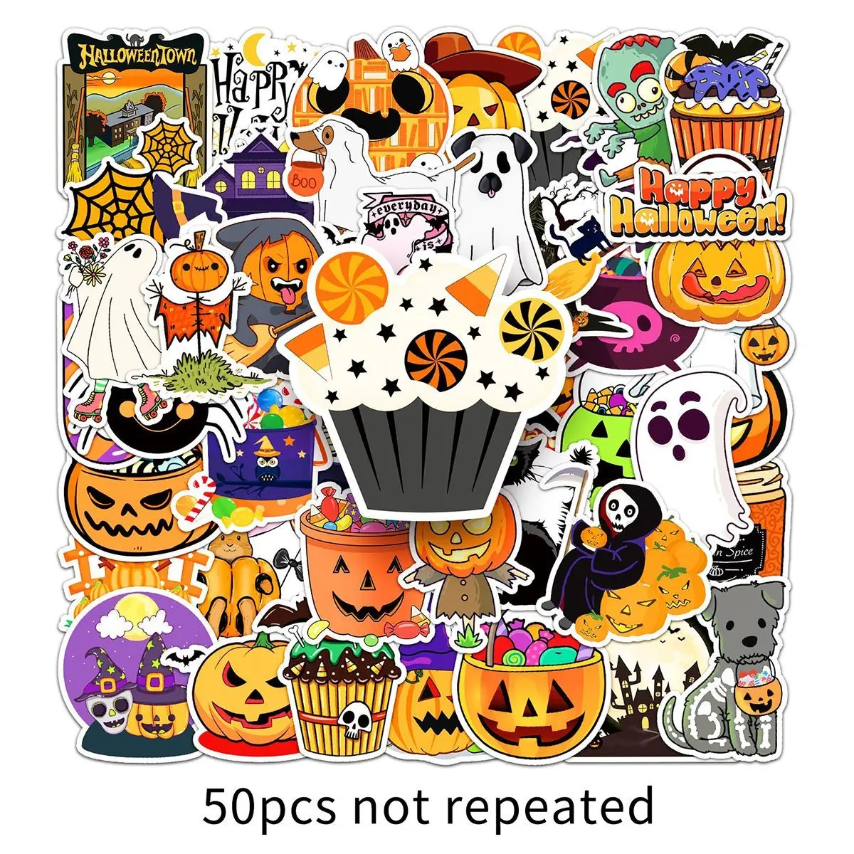 50PCS Halloween Pumpkin Ghost Graffiti Stickers Creative Cute DIY Stickers for Halloween Decoration Waterproof Stickers Gift