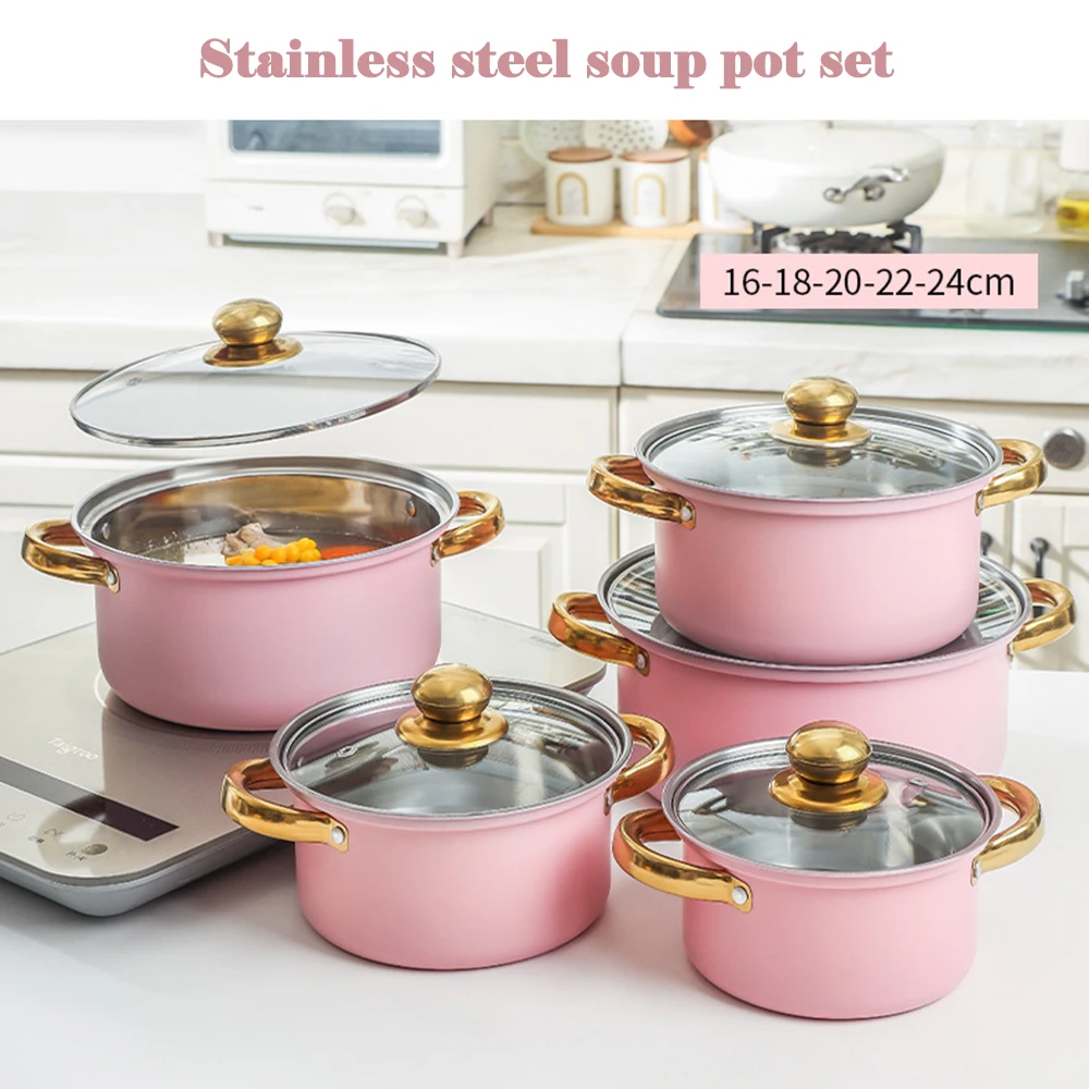 10-piece set, Stainless steel cookware, Home cooking pot with glass lid, Induction cooker universal Soup pot, 16/18/20/22/24cm