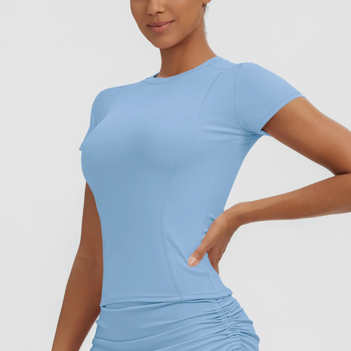 Neues Damen Sommer Yoga Kurzarm T-Shirt Lauf- und Radsport Einfarbiges Schnelltrocknendes Workout-Oberteil Enganliegend Atmungsaktive Yoga-Kleidung – Detail 24