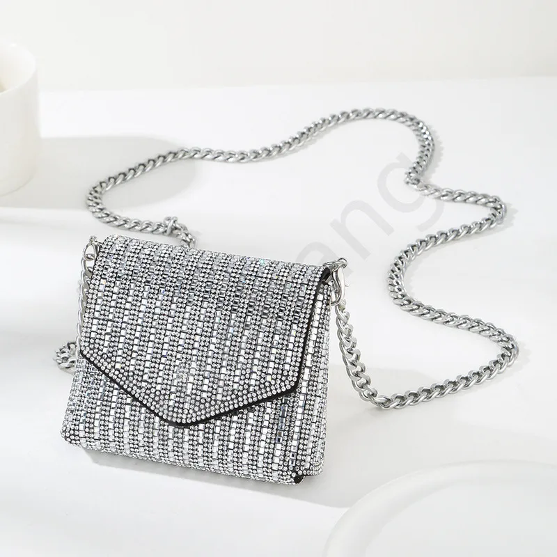 KK  2024 New Water Diamond Glass Small Square Mouth Red Zero Wallet Sparkling Colorful Women's Crossbody Bag