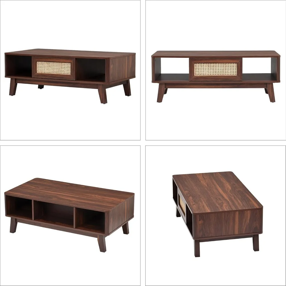 Coffee Table, Mid Century Living Room Tables with Storage, Modern Square with Rattan Drawer, Wooden Living Room Table with Solid