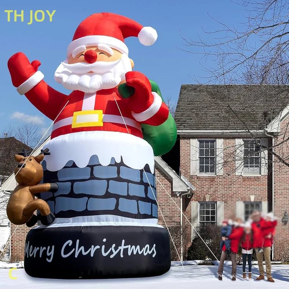 fast air ship to door, Christmas giant inflatable Santa Claus in chimney, 2025 new Santa Claus with reindeer for decoration