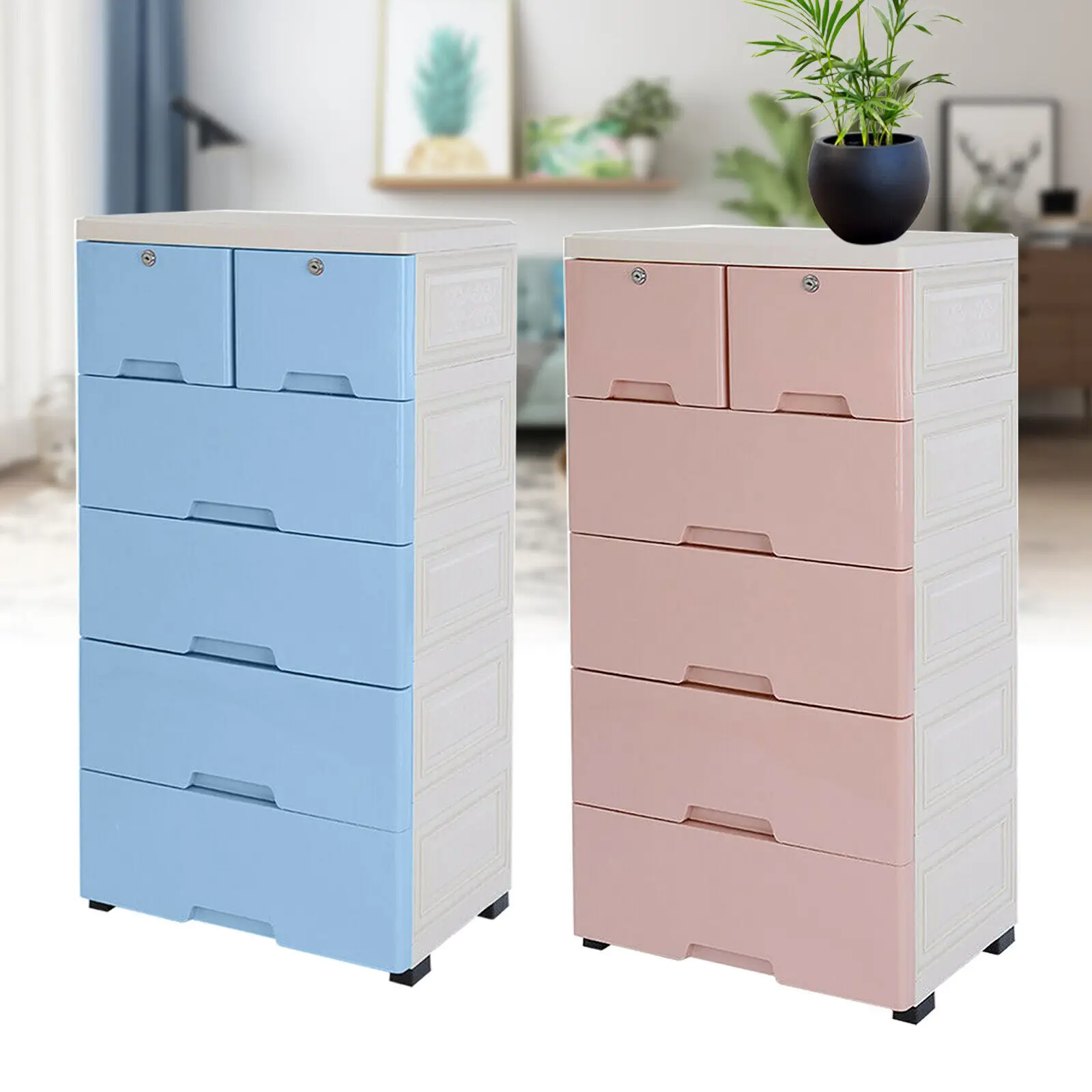 6 Drawer Plastic Dresser With Wheels Storage Cabinet Tower Closet Organizer Unit for Home Office Bedroom Living Room Pink & Blue