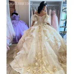 Customized Princess Ball Gown Quinceanera Dresses For Prom Lace 3D Applique Short Sleeves 15 Year Old Girl Porn Brithday Party