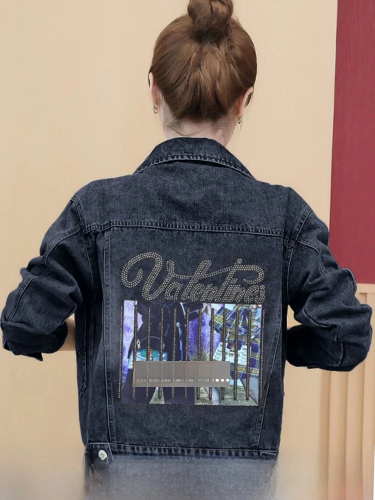 Chaqueta Vaquera de Mujer de Talla Grande, Estilo Vintage, para Primavera y Otoño, con Cuello, Botones y Adornos de Diamantes