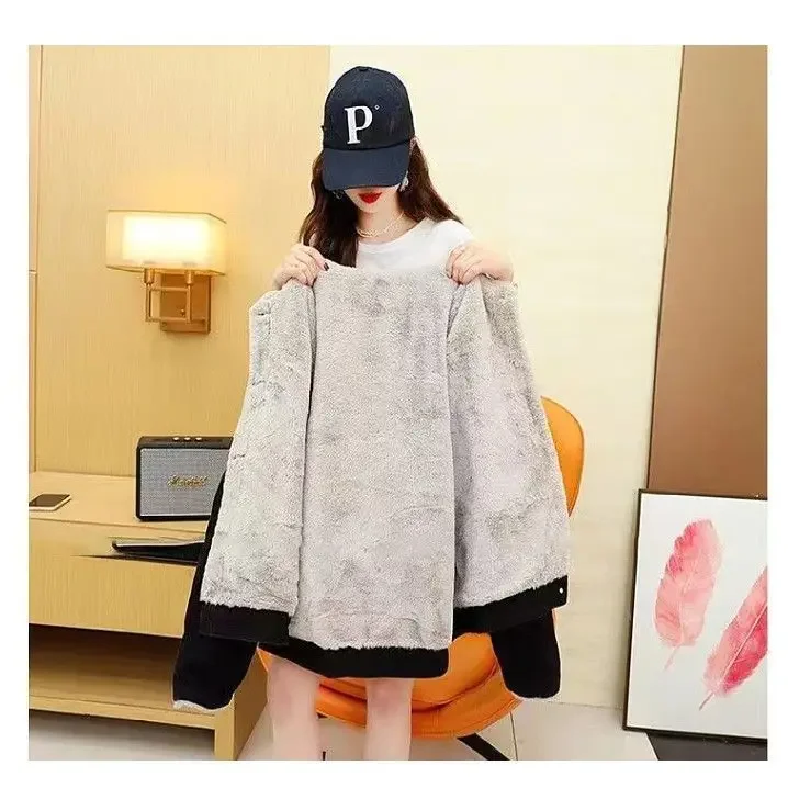 Plus Fleece Thickened Denim Coat Women'S 2022 Winter New Loose Hooded All-Fit Cotton Suit Top Alphabet Embroidery