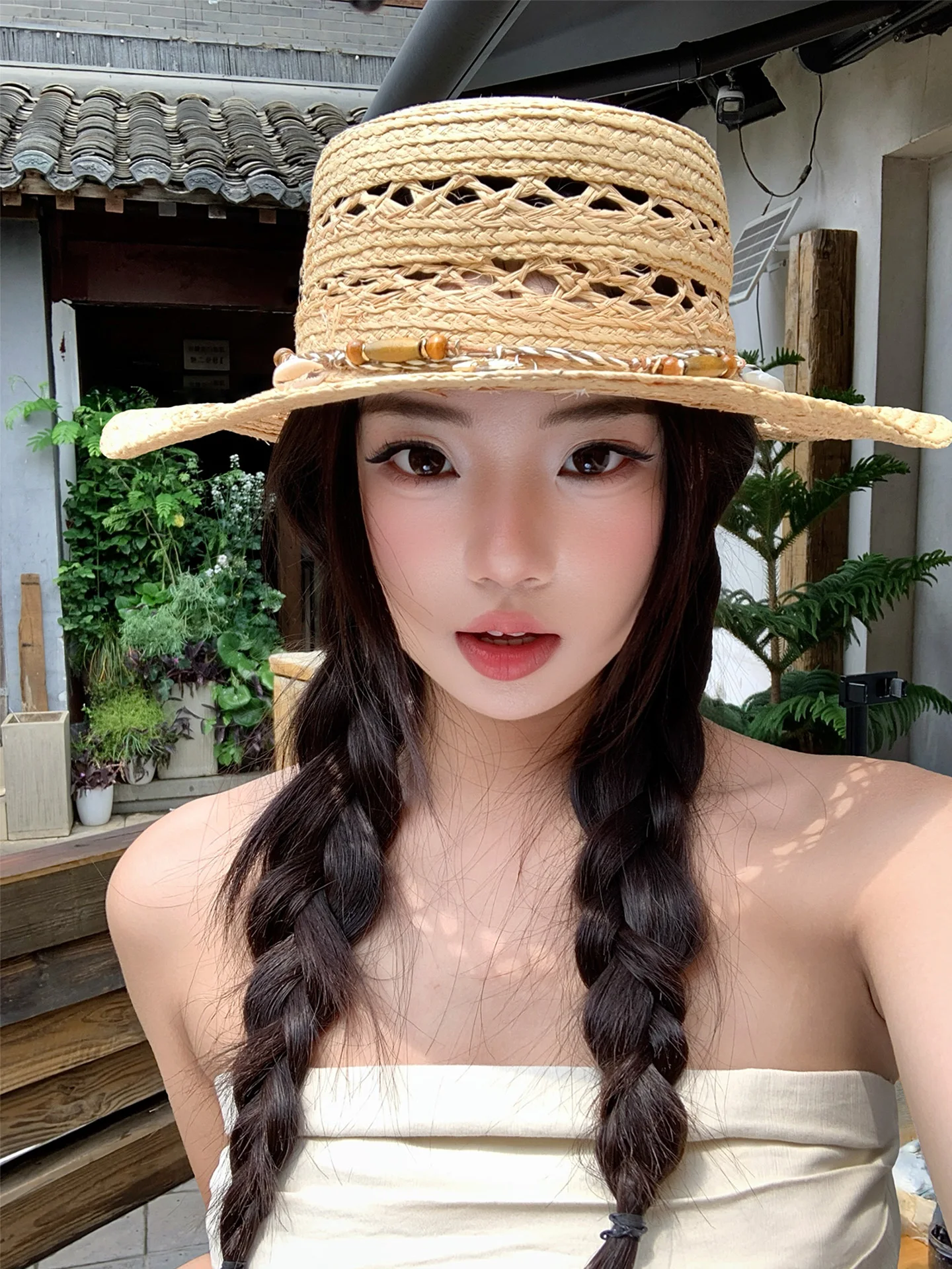 Women's Summer Beach Vacation Style Sun Protection Hollow out Flat Top Straw Hat Adjustable Band Elegant Hat