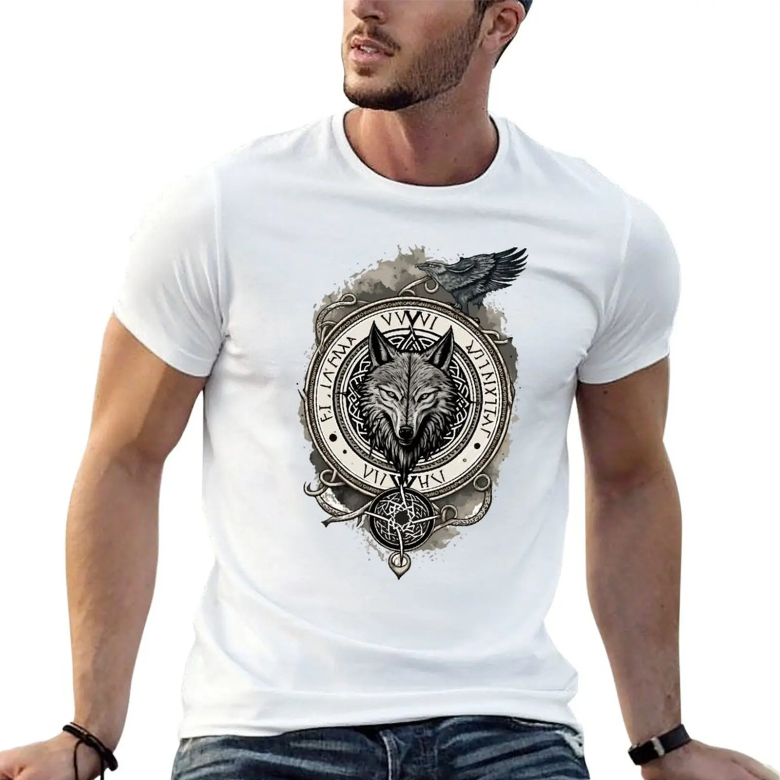 Fenrir Viking Wolf Compass T-Shirt man tshirt cotton tshirt 100% t shirts for man pack cotton T-shirt