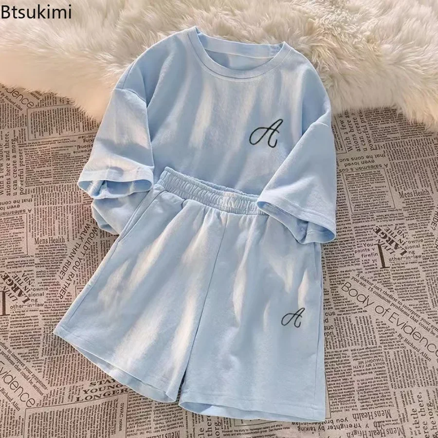 2024 Women\'s Summer 100% Cotton Loungewear Pajamas T-shirts Suits with Shorts Casual Women Sleepwear 2 Pieces Negligee Female