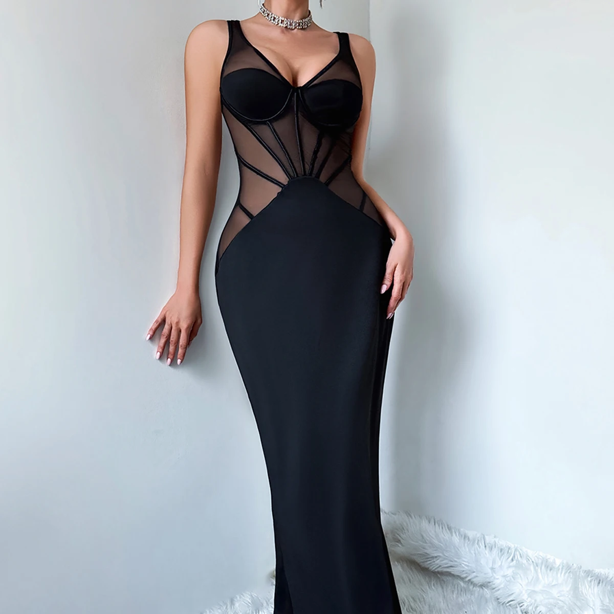 Aveline 2026 Women's Fashion Perspective Mesh Slimming and Body Shaping Midnight Sexy and Elegant Dress with Thong Pants