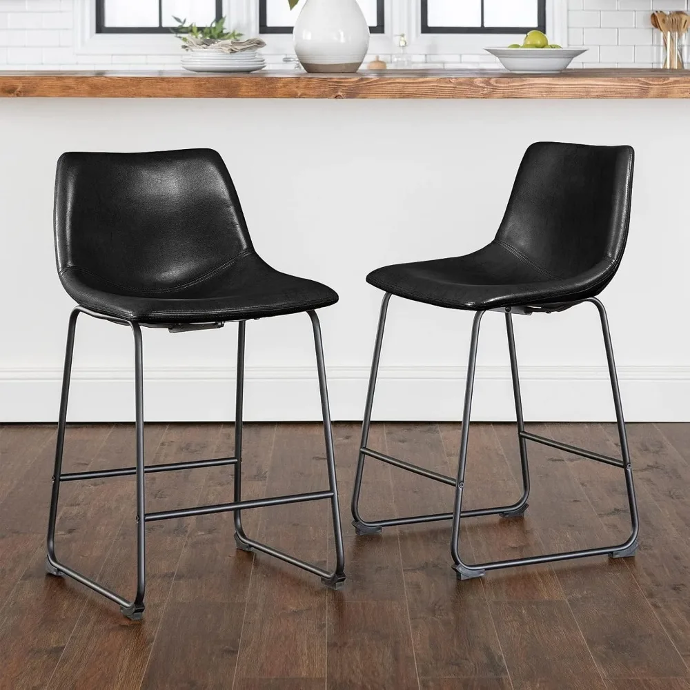 26 inch Bar Stools Set of 2, Modern Counter Height Bar Stools, Faux Leather Barstool with Back and Metal Leg