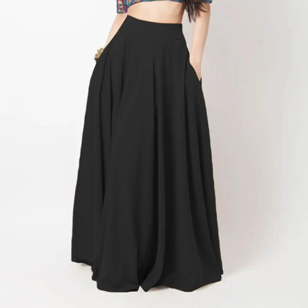 1Pc Comfy Women Maxi Skirt High Waist A-Line Solid Color Skirt with Pockets Loose Fit Pleated Long Skirt for Leisure Daily Wear