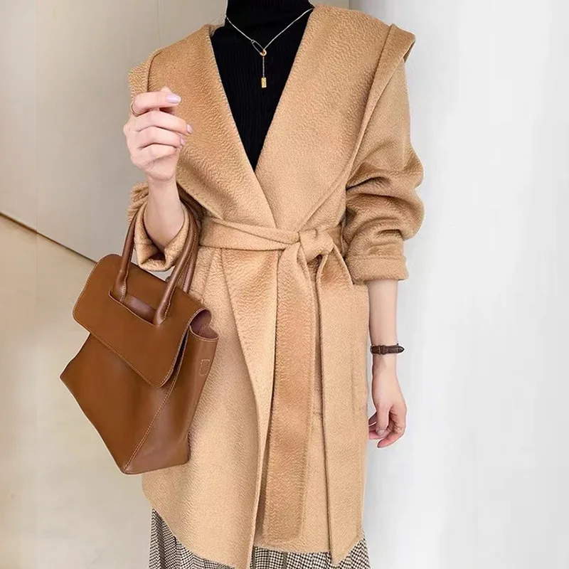 

Women's Autumn Winter Elegant Wool Long Sleeve Hooded Long Sleeve Loose Coat With Sashes Lady Streetwear Wool Robe Outwear