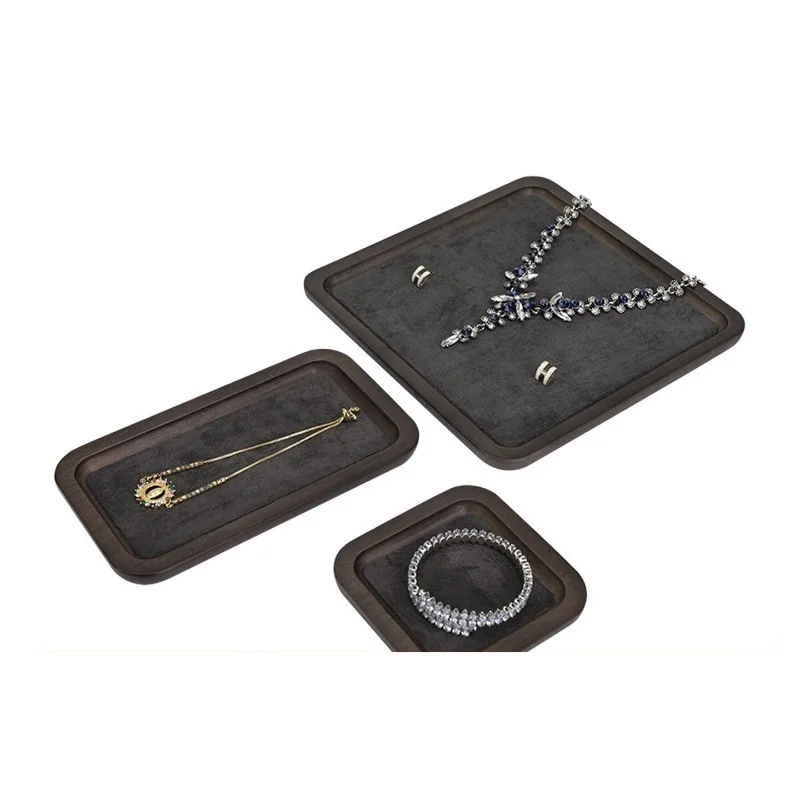 Walnut Jewelry Display Tray with Grey Suede-like Leather, for Viewing and Storing Necklaces, Rings and Other Jewelry Items