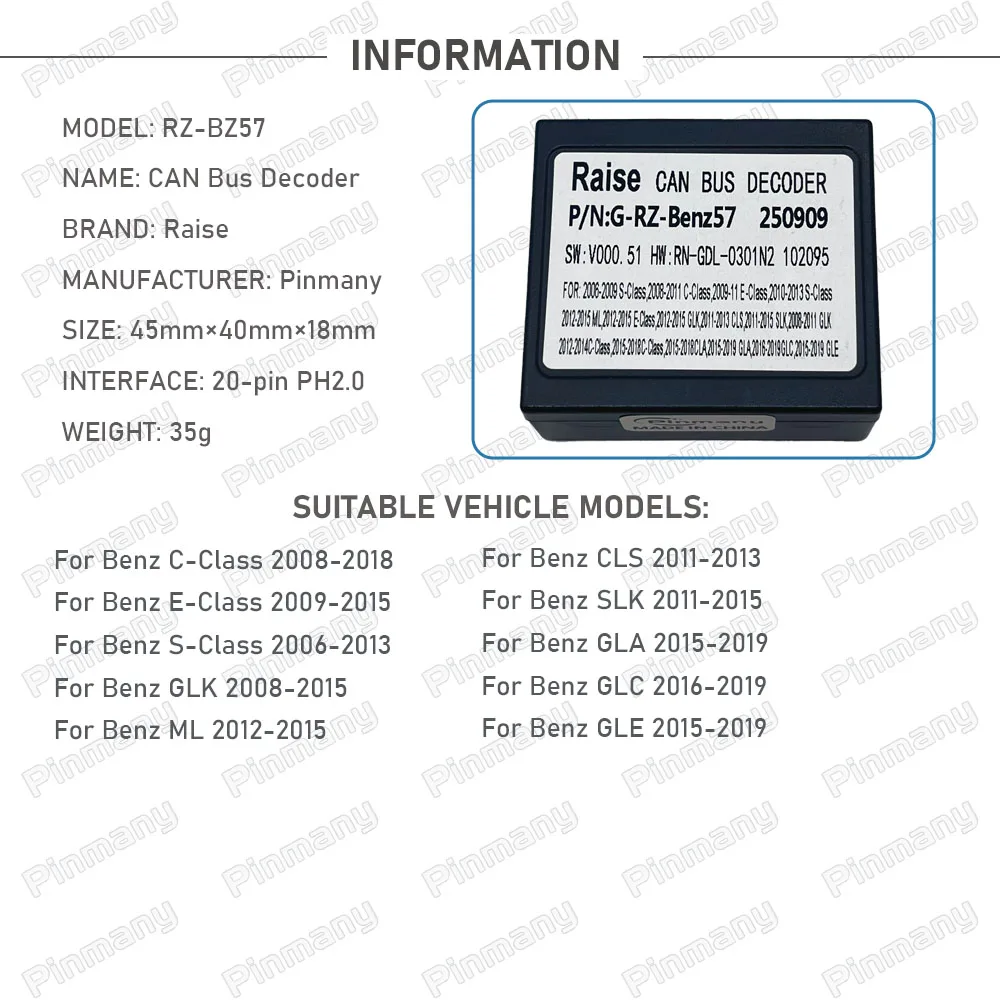 Car Radio CAN Bus Decoder RAISE RZ-BZ57 20-pin Black Box for Mercedes Benz C-Class E-Class S-Class GLK ML CLS SLK GLA GLC GLE