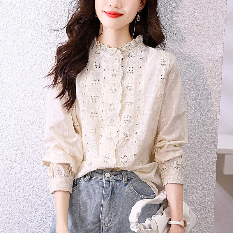 

Women'S Shirt Spring Hollow Lace Ruffles O Neck Elegant Apricot Tops Long Sleeve Embroidered Cotton Shirt Vitnage Office Lady