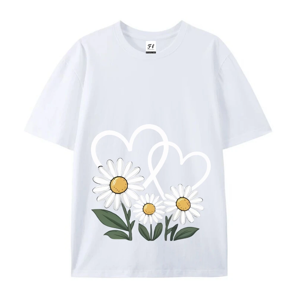 Dames casual ronde hals 100% polyester gebreide stof, korte mouw, T-shirt met hart madeliefjeprint, normale pasvorm, zomertop