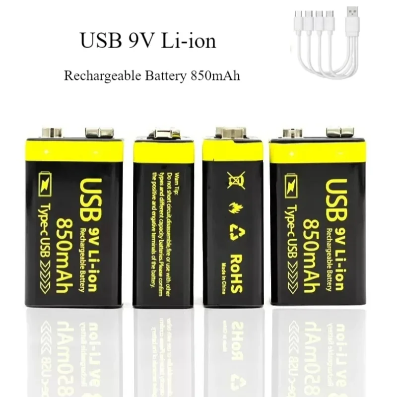 

2025НОВАЯ USB-аккумуляторная батарея 9 В, 850 мАч, тип-C, литий-ионная аккумуляторная батарея 6F22, 9 В для радиоуправляемого вертолета, модель мультиметра, игрушки